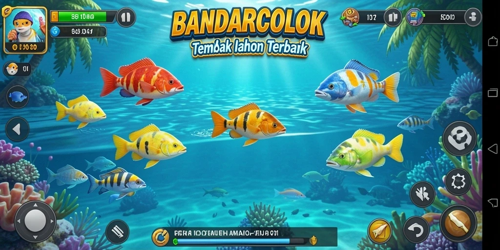 Gameplay seru dalam BANDARCOLOK menembaki ikan berwarna-warni.