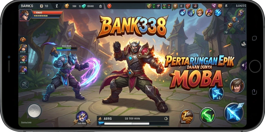 Screenshot utama BANK338 menampilkan aksi gameplay seru dalam arena MOBA.