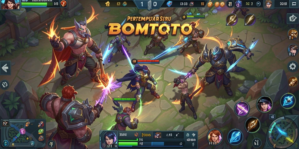 Tangkapan layar utama BOMTOTO menampilkan pertarungan MOBA yang seru dan mendebarkan.