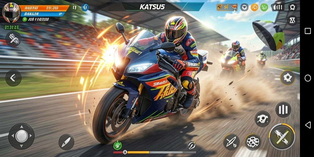 Tampilan gameplay KATSU5 menunjukkan aksi balapan motor yang mendebarkan.